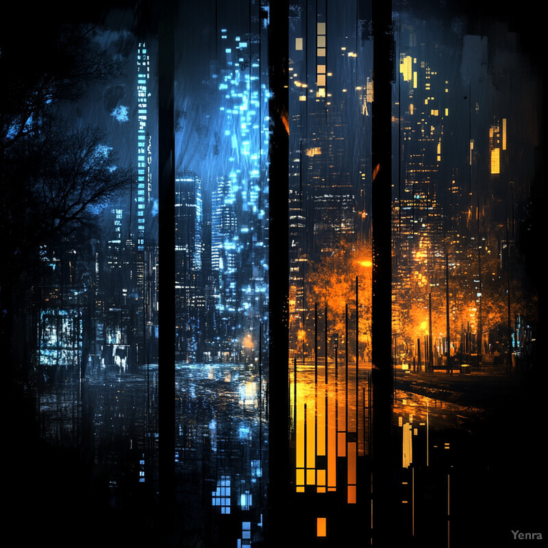 A digital art piece depicting a cityscape at night, showcasing towering structures and bustling urban activity.