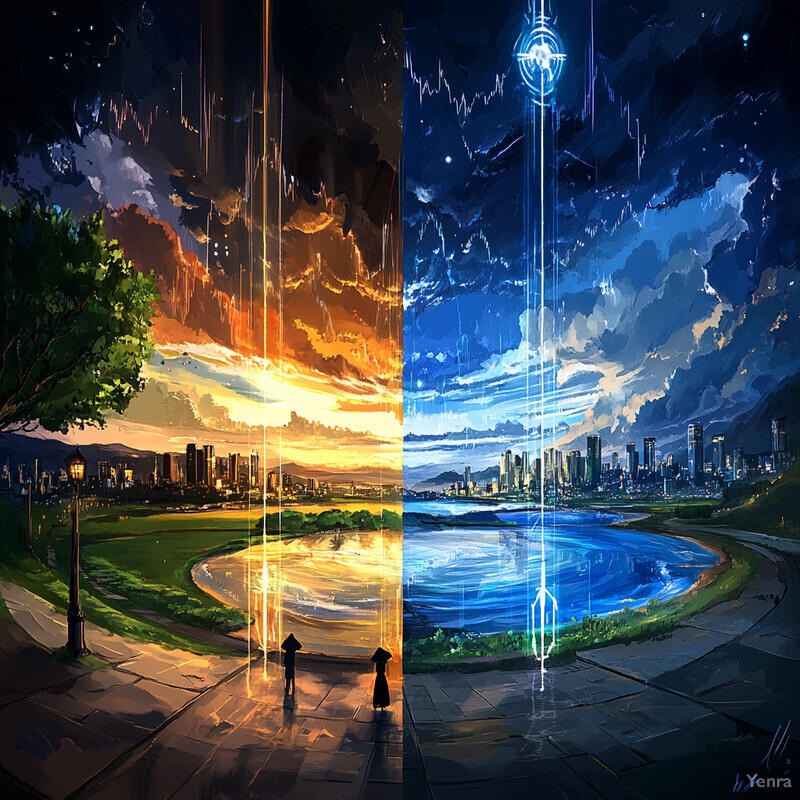 A fantastical landscape with two distinct halves, each representing a different realm or dimension.