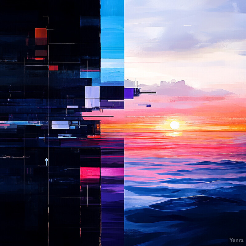 A vibrant abstract painting featuring pink and blue hues.