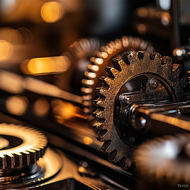 A complex arrangement of gears in an industrial setting, with black and silver as the dominant colors.