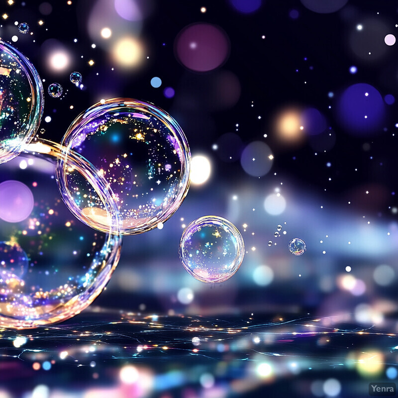 A captivating scene of iridescent bubbles floating in mid-air, with a dark and blurry background.