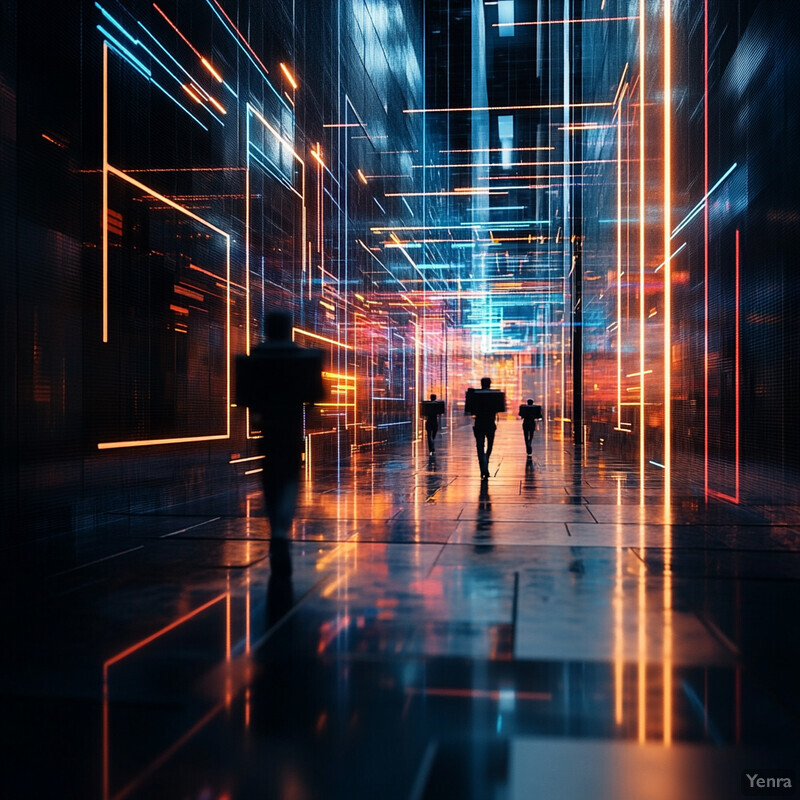 An abstract representation of a city street at night, with neon lights illuminating the buildings and casting a vibrant glow on the wet pavement.