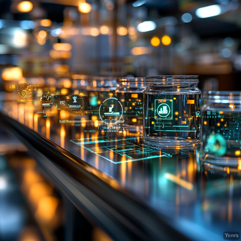 A futuristic laboratory scene featuring glass jars and beakers containing colored liquids, surrounded by advanced scientific equipment.