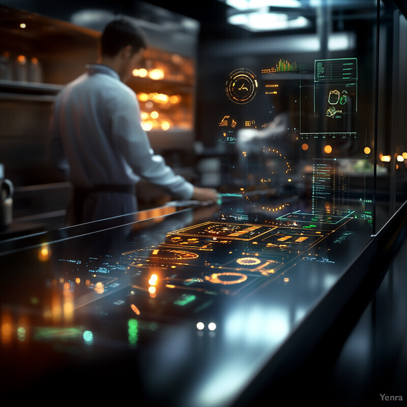 A futuristic-looking kitchen with an automated compliance monitoring system installed on the countertop.