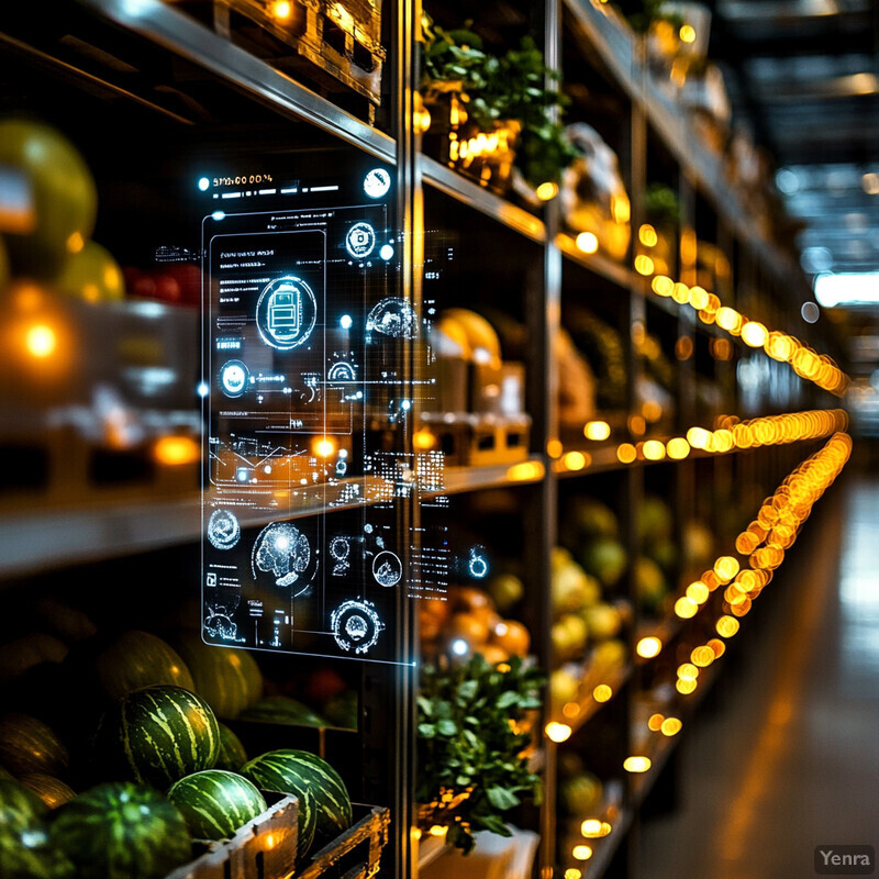 An automated warehouse with rows of shelves stacked high with produce.