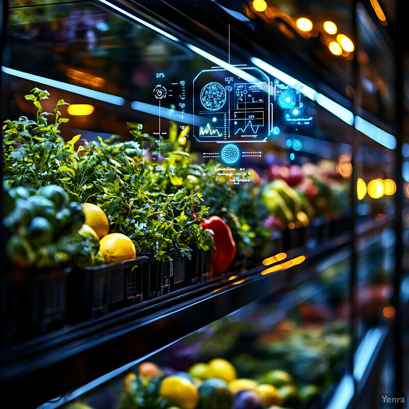 A futuristic grocery store with shelves stocked with various fruits and vegetables, illuminated from within, and holographic displays above each bin providing information about the contents.