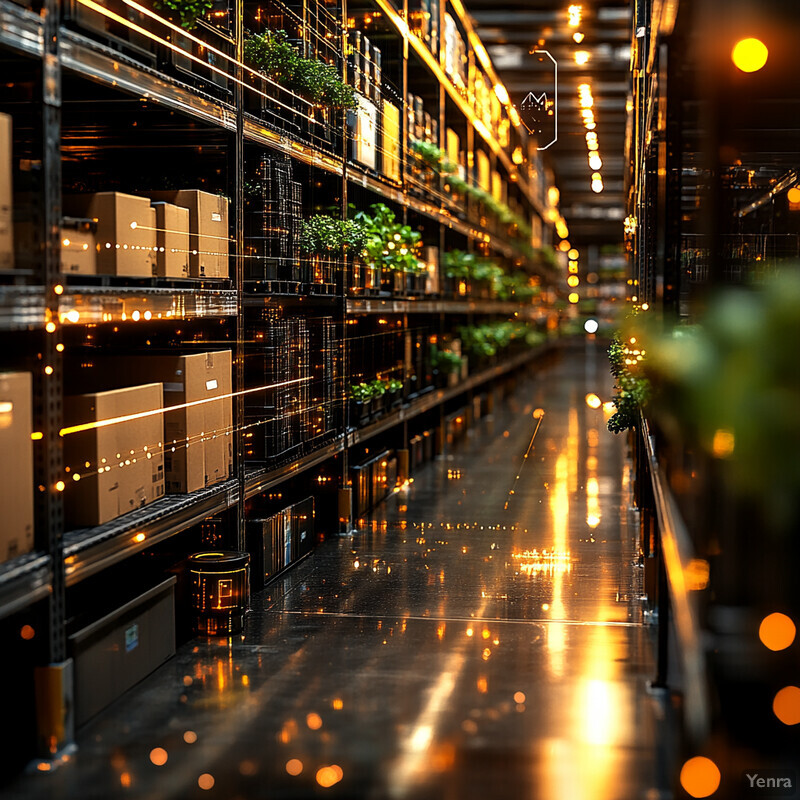 A warehouse with rows of shelves stocked with boxes and plants.