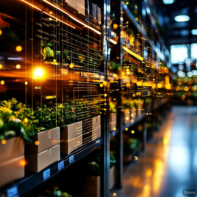 A warehouse or storage facility with rows of shelves stocked with various items.