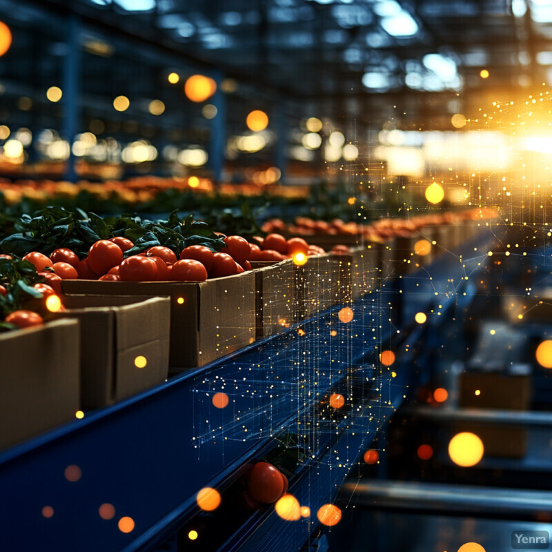 A busy industrial setting where tomatoes are being processed and packaged.