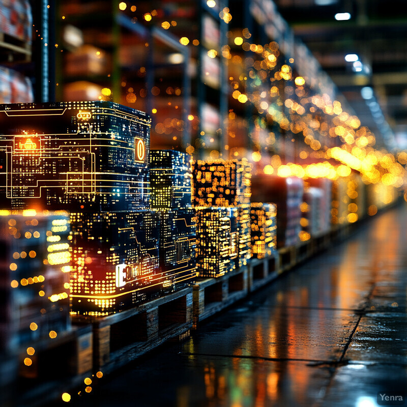 A dimly lit warehouse or storage facility with rows of shelves stacked high with boxes and crates labeled in orange text.