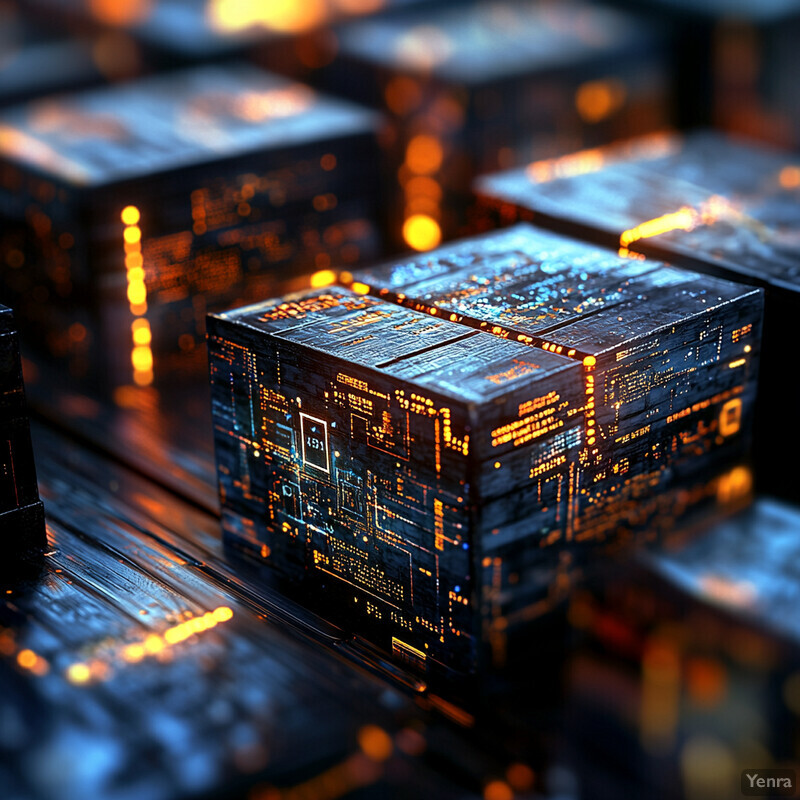 Collection of cubes with circuit board patterns on their surfaces, arranged in a random pattern.