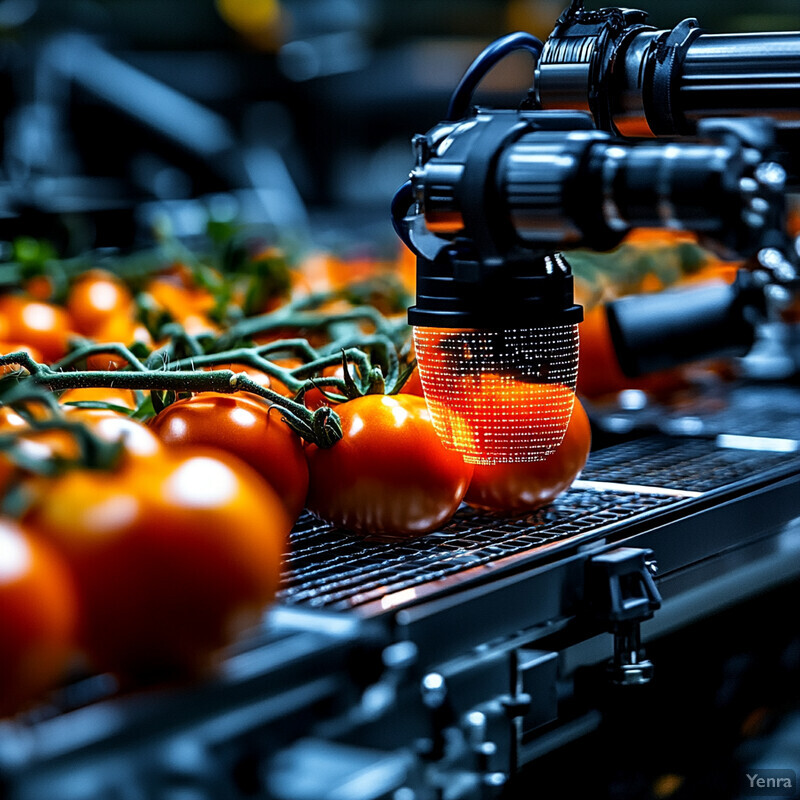 A machine uses computer vision technology to inspect tomatoes on a vine.