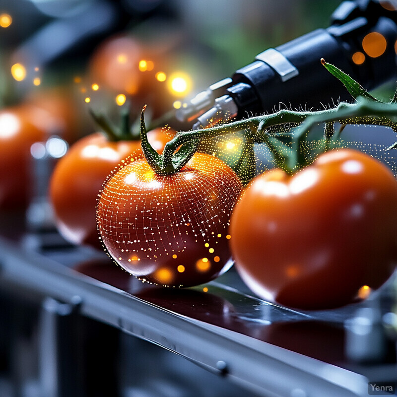 A conveyor belt transports tomatoes through an industrial facility.