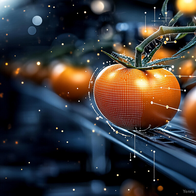 A computer vision system inspects tomatoes on a conveyor belt.