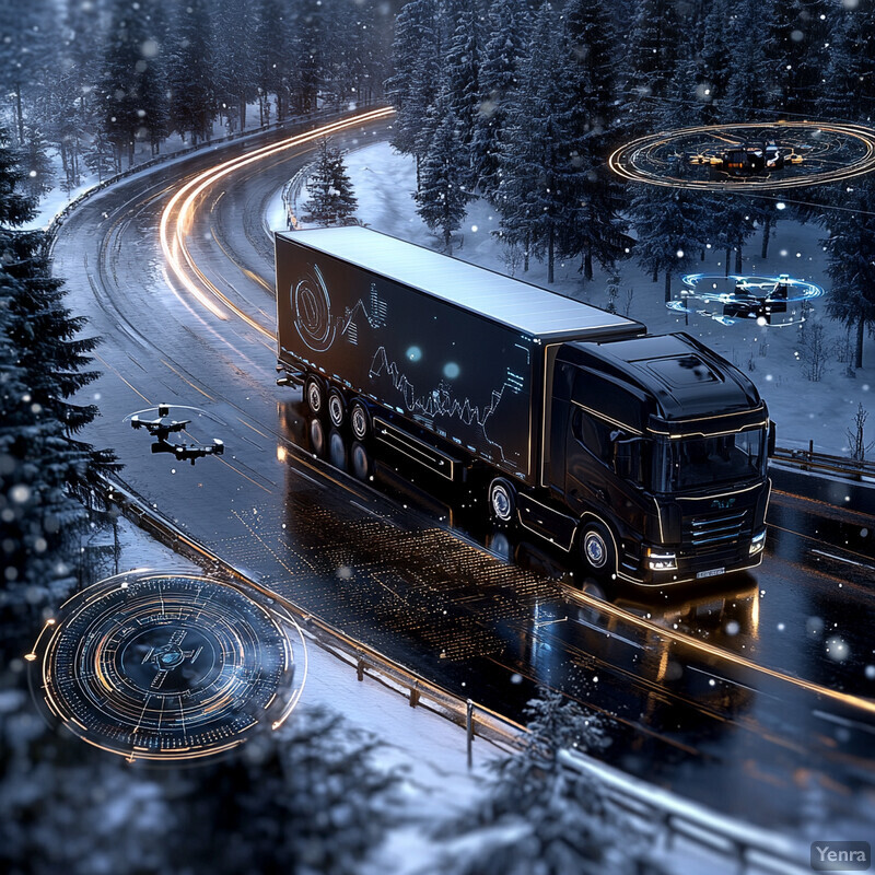 A futuristic transportation scene featuring a truck navigating through a snowy forest with the assistance of drones.