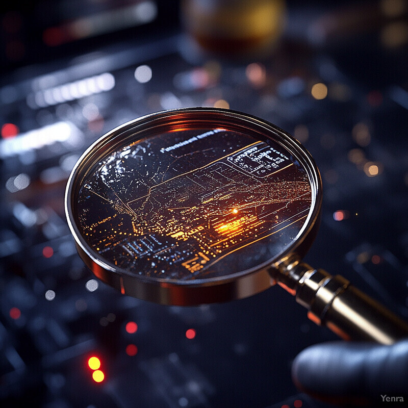 A magnifying glass is being used to examine a circuit board or motherboard.