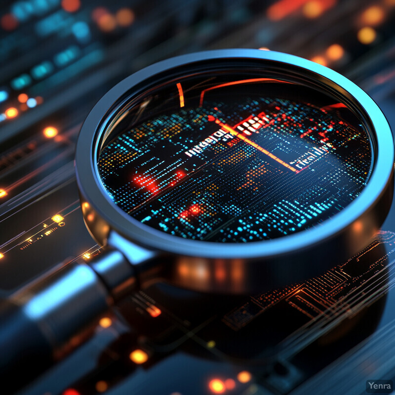 A magnifying glass is placed over a computer motherboard, highlighting its various components.