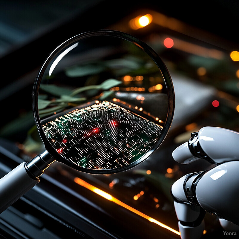 A robotic hand examines a circuit board with a magnifying glass, highlighting attention to detail in electronics.