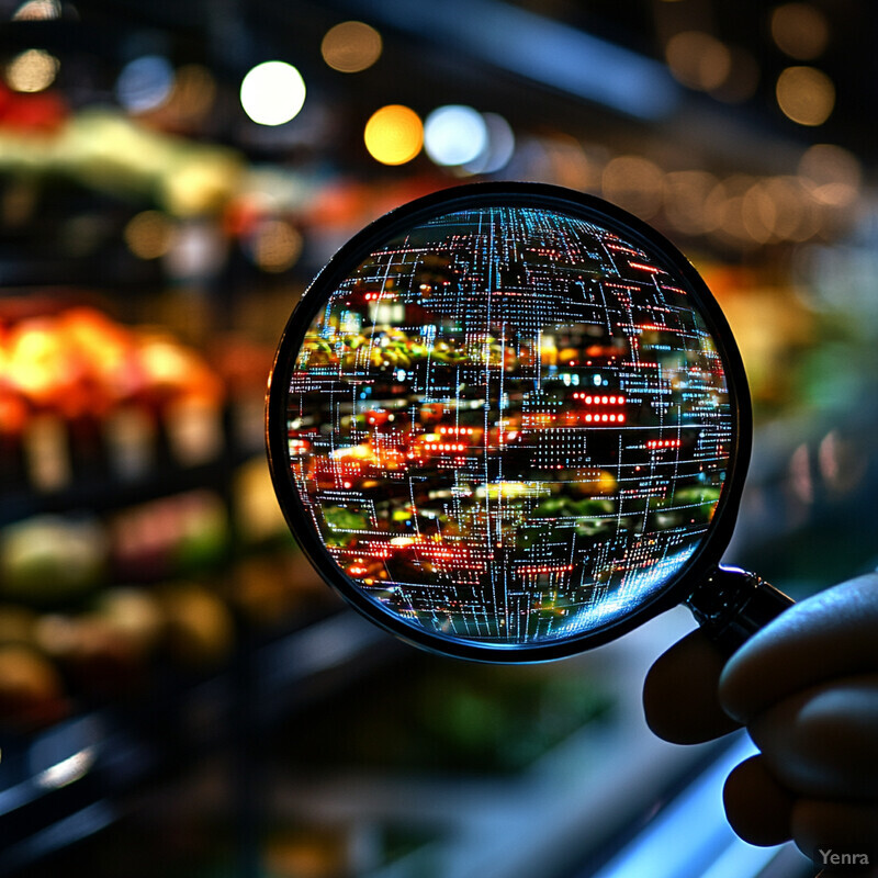 A hand holds a magnifying glass over an abstract cityscape, showcasing a vibrant and dynamic representation of a city at night.