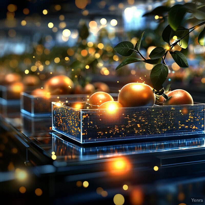 A luxurious arrangement of gold-colored oranges in a transparent box on a reflective surface.