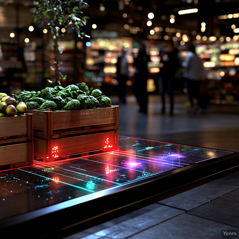 A futuristic-looking table with glowing lines and symbols etched into its surface, surrounded by crates of Brussels sprouts and apples in an indoor setting.