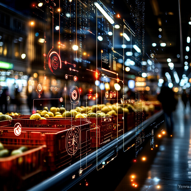 A nighttime market scene with crates of yellow melons and other objects scattered throughout.