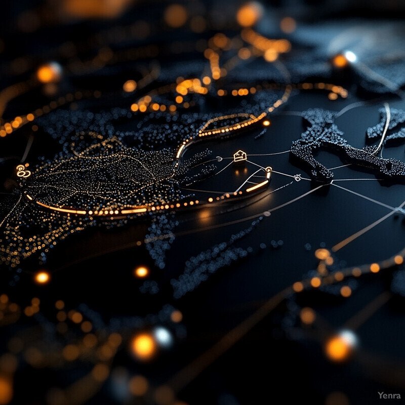 A 3D rendering of a world map with gold dots and lines