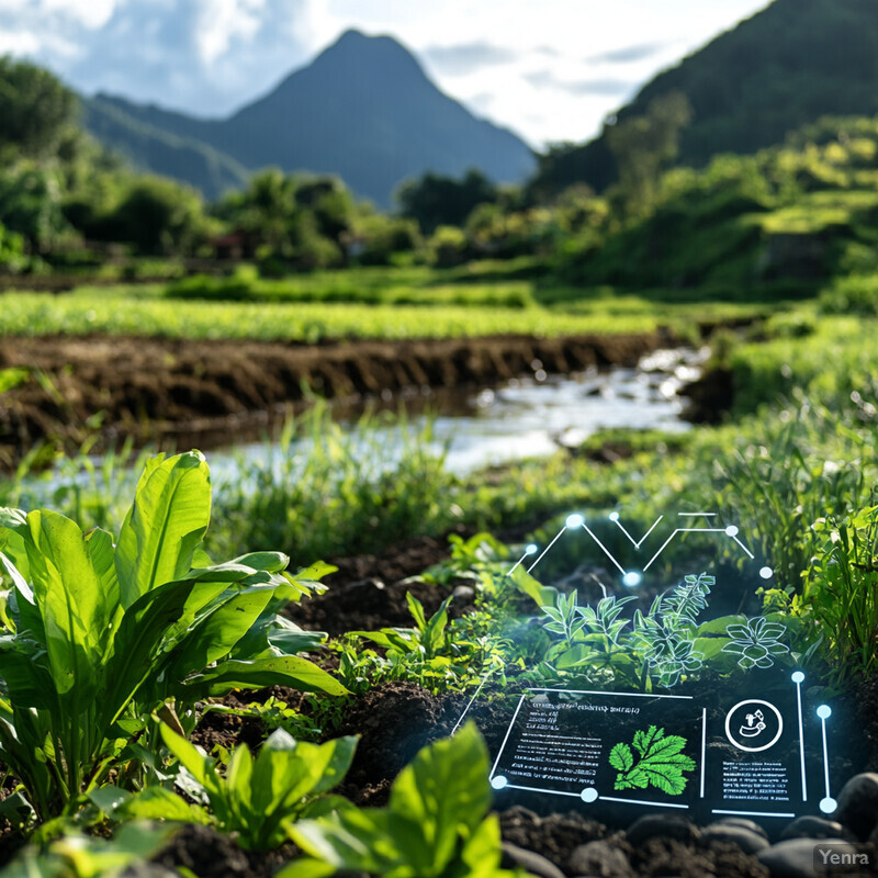 A peaceful landscape with greenery and a mountain range in the distance.