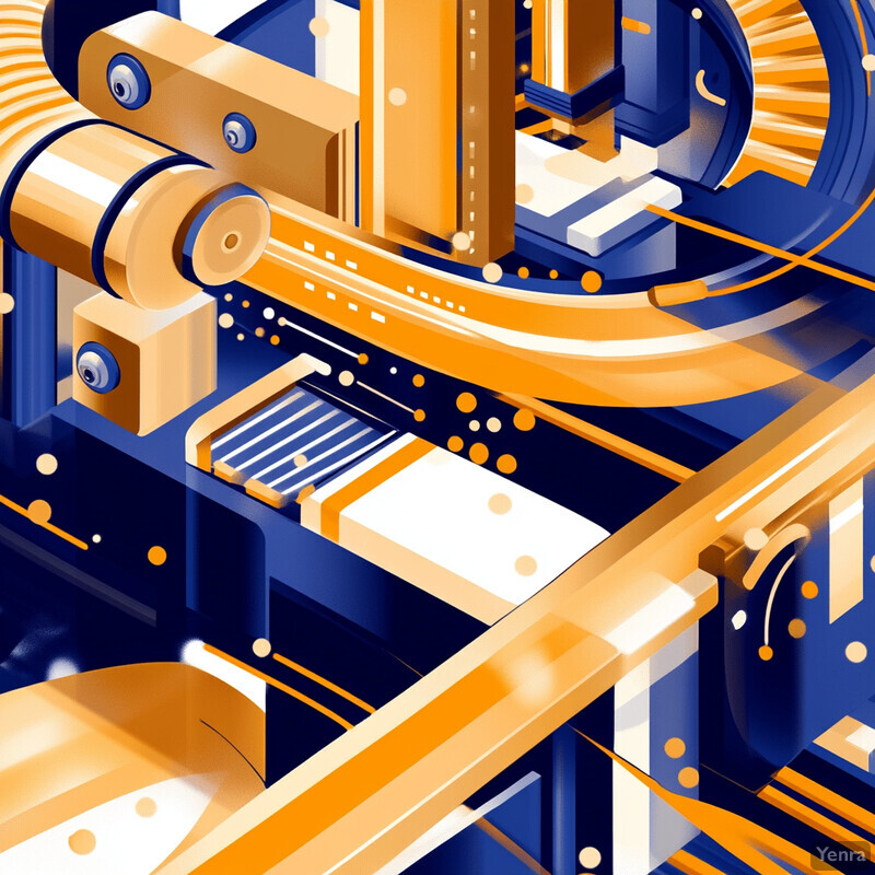 An abstract illustration of a machine with various components and tools, possibly related to manufacturing or engineering.