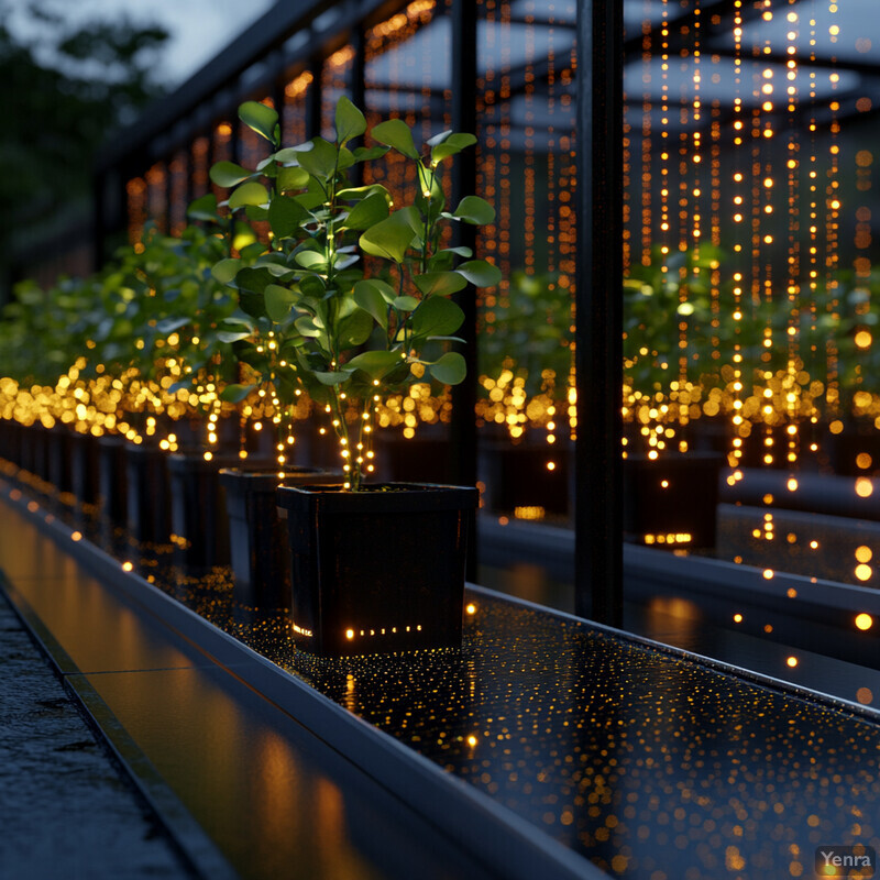 A greenhouse or indoor garden with rows of potted plants and string lights hanging from the ceiling.