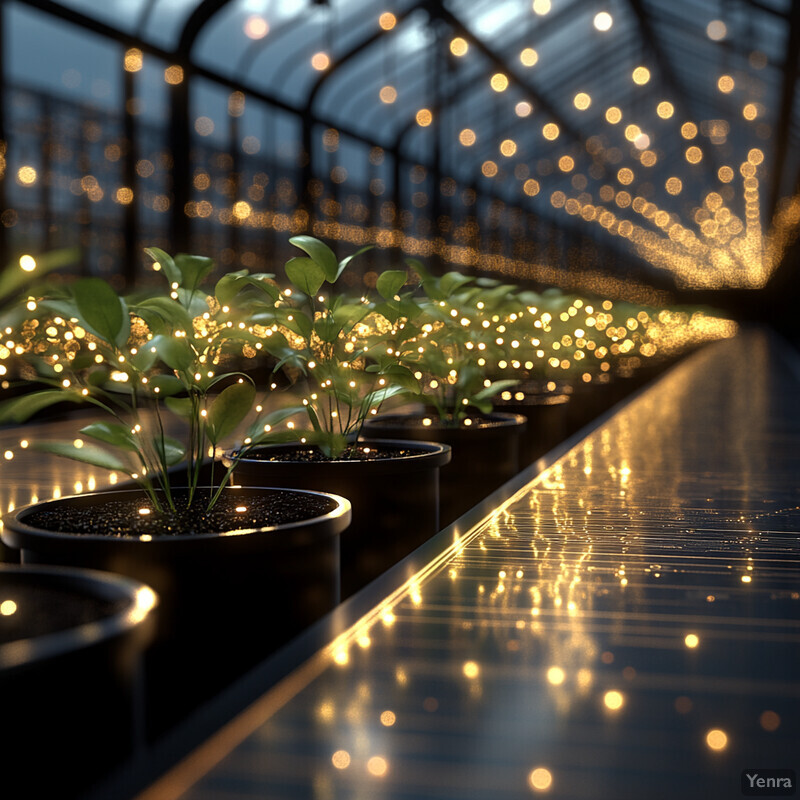 A greenhouse or indoor plant nursery with rows of potted plants and fairy lights.