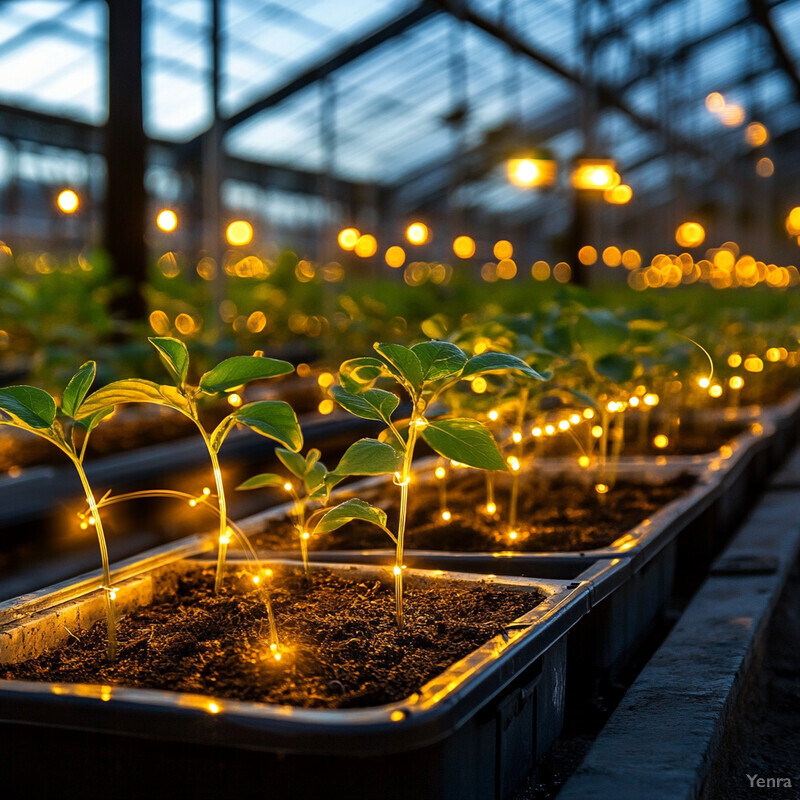 A row of small plants growing in black plastic trays within a greenhouse.