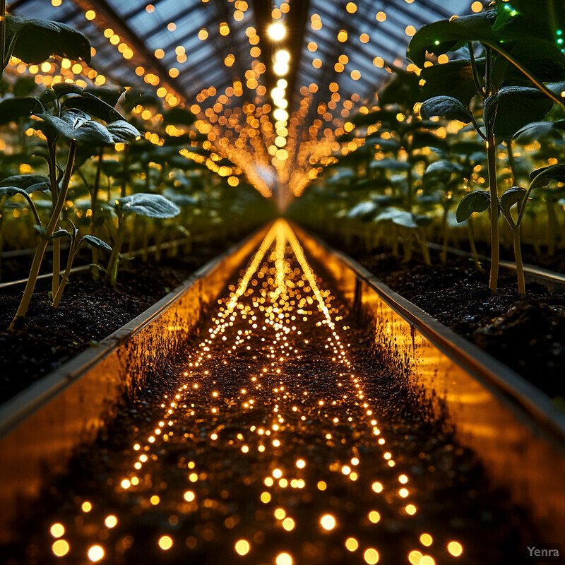 A greenhouse with rows of plants and a long trough filled with water, illuminated by yellow lights.