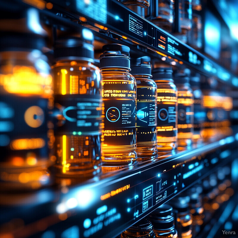 Rows of glass bottles with black caps on shelves, illuminated by blue and orange lights.