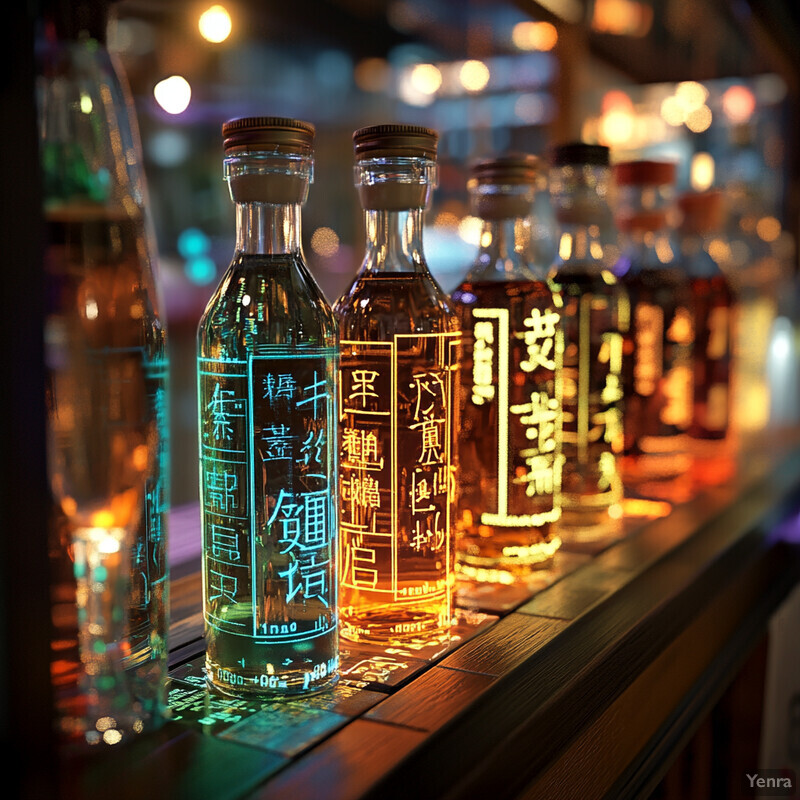 A collection of bottles on a wooden counter in a dimly lit bar or restaurant.