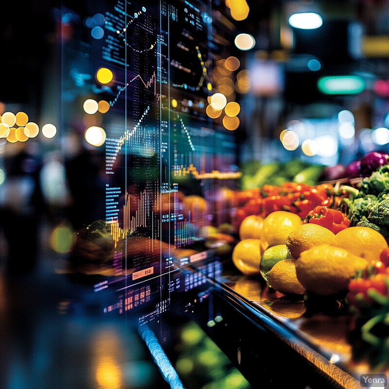 The image combines financial data with fresh produce in a visually appealing way, creating a unique and captivating scene.