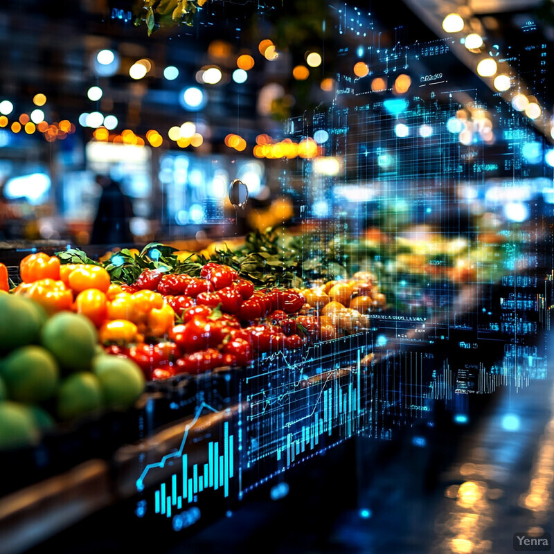 A vibrant market stall overflowing with fresh produce at night.