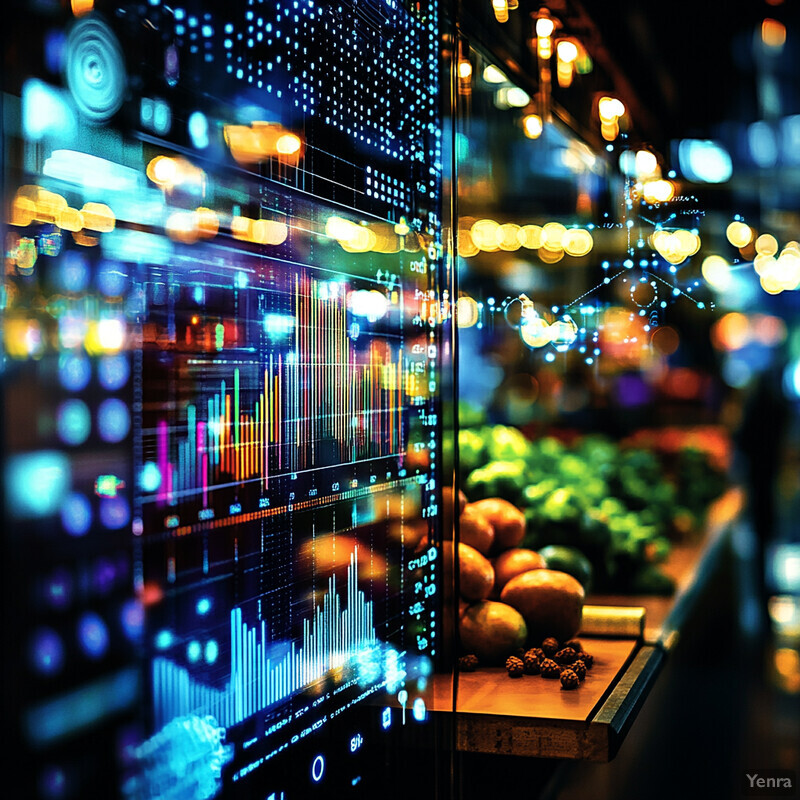 Predictive analytics for demand and supply forecasting in a bustling market or shopping district at night.