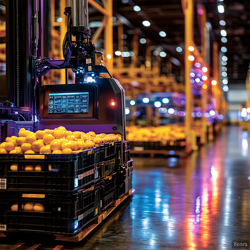 An industrial robot in a warehouse setting surrounded by crates and pallets filled with yellow balls.