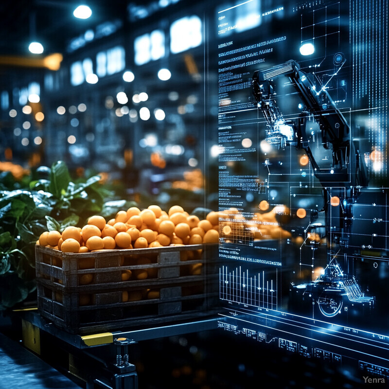 A futuristic interface and a crate of oranges in an industrial warehouse or factory floor.