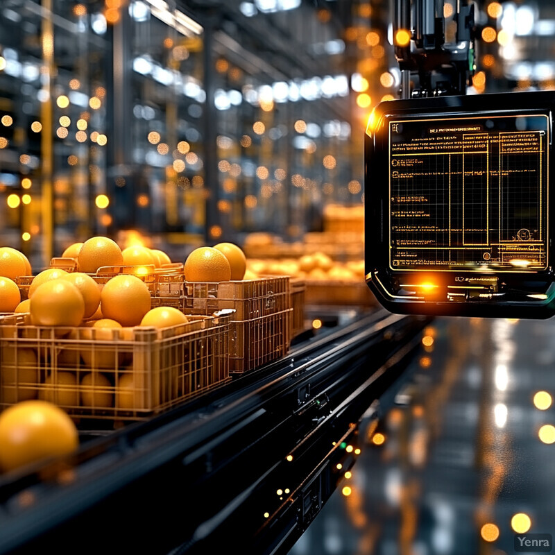 A warehouse storing crates of oranges on metal shelving units.