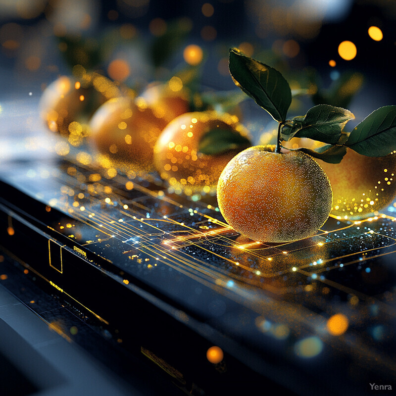 A futuristic and high-tech scene where oranges are being processed or packaged with advanced technology.