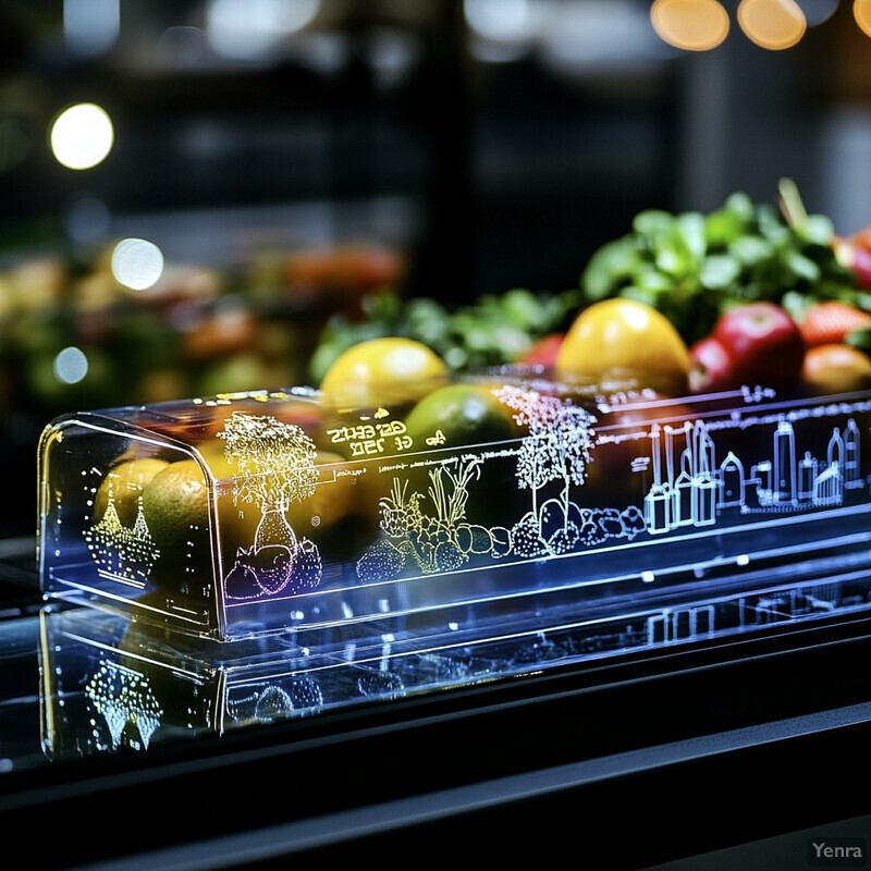 A transparent plastic container filled with various fruits and vegetables in a grocery store setting.