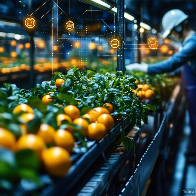 An industrial image depicting oranges being sorted or processed on a conveyor belt in a dimly lit factory environment.