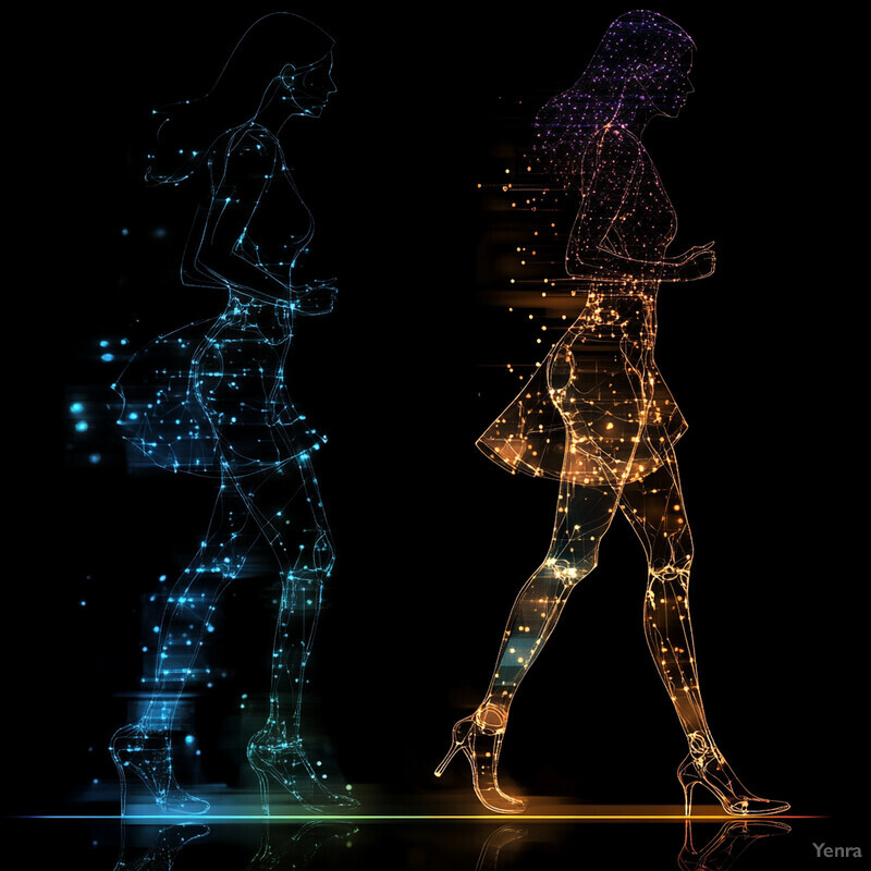 Two women walking side by side in a digital art style with neon-inspired design elements.