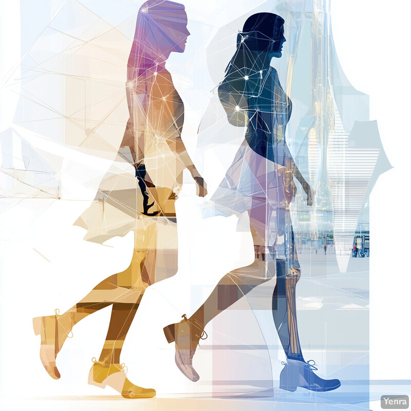 Two women walking in opposite directions on a city street