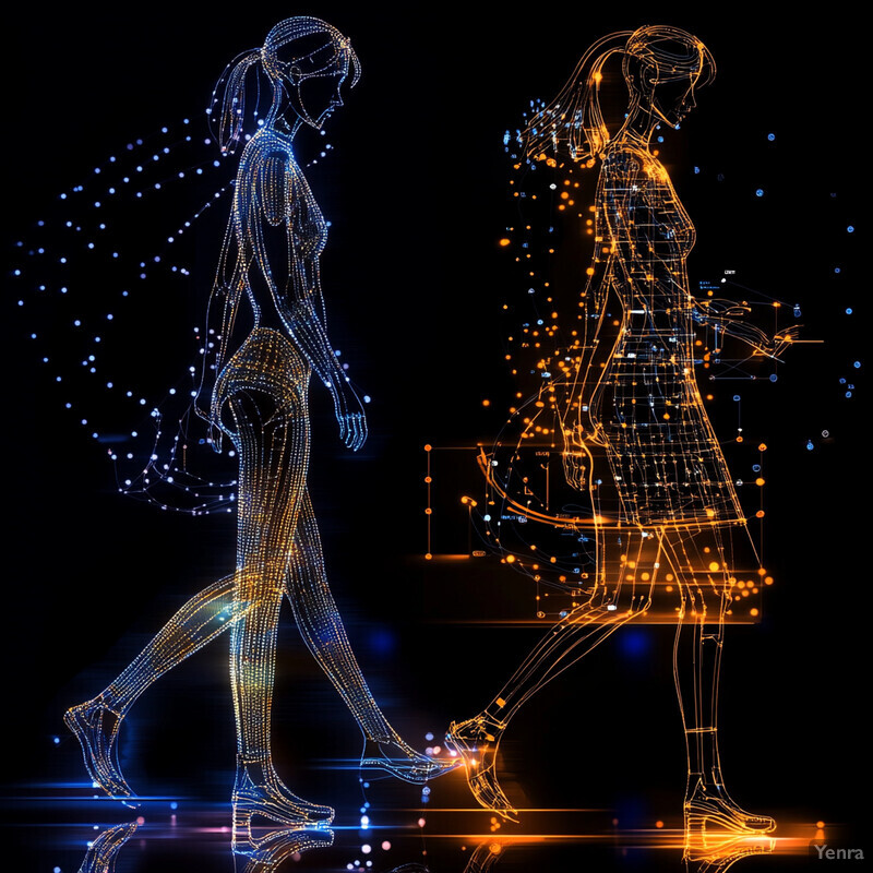 Two women walking side by side with their bodies outlined in blue and orange light.