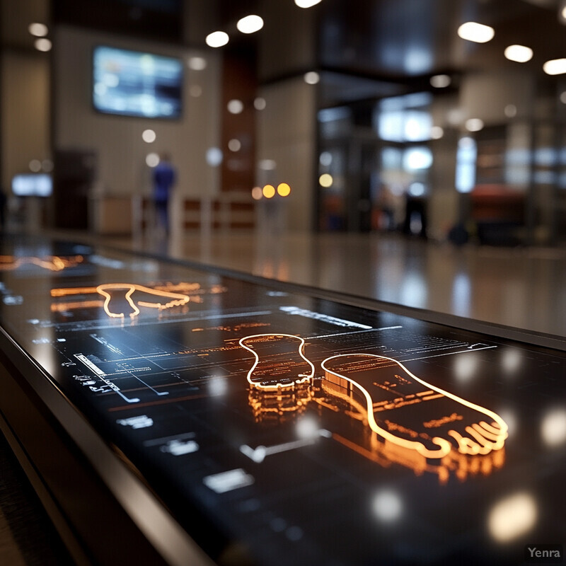 A futuristic-looking screen displays an orange foot outline in a large room.