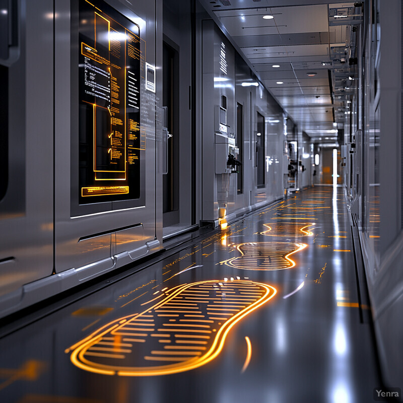 A futuristic hallway with high-tech screens and an orange circuit board design on the floor.