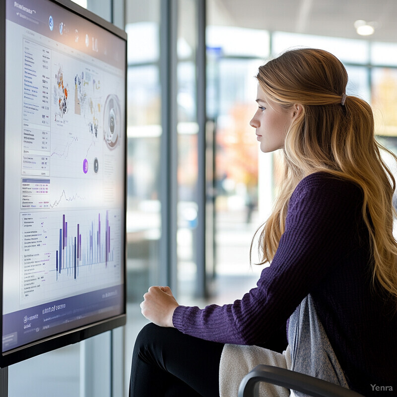 A woman sitting in front of a large screen displaying data analysis related graphics.